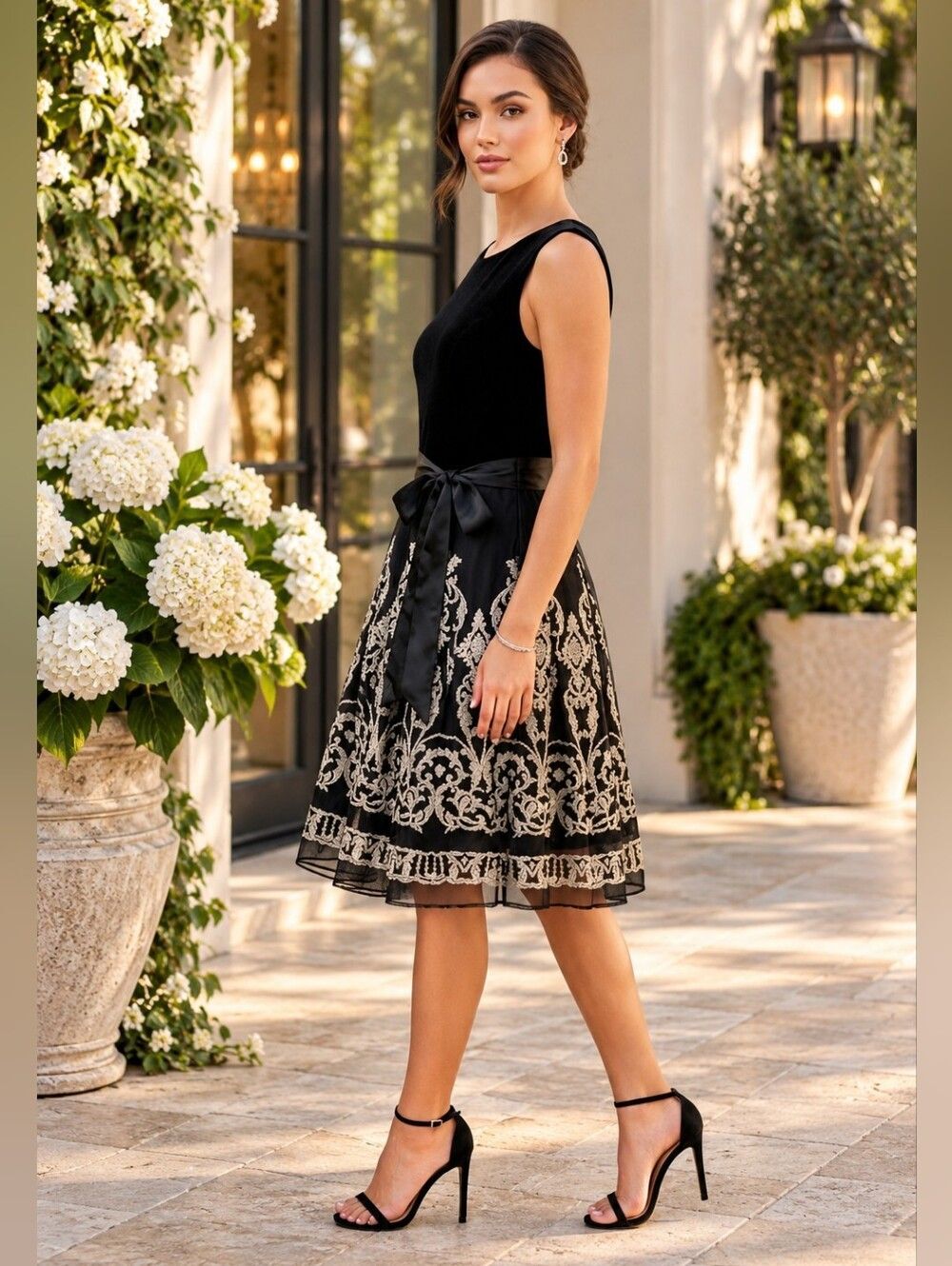 Roz & Ali Black Velvet & Gold Embroidered Cocktail Dress - Size 14P - Like New